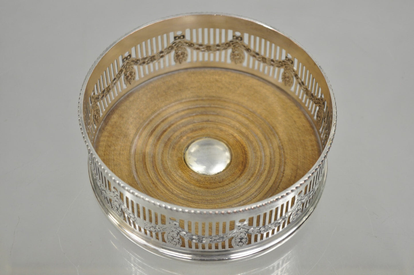 Sheffield Edwardian Silver Plated Fretwork Draped Mahogany Wine Bottle Coaster