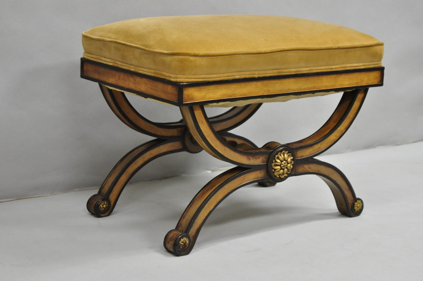 Vintage Italian Regency Style Curule Carved Walnut Upholstered X-Bench Stool