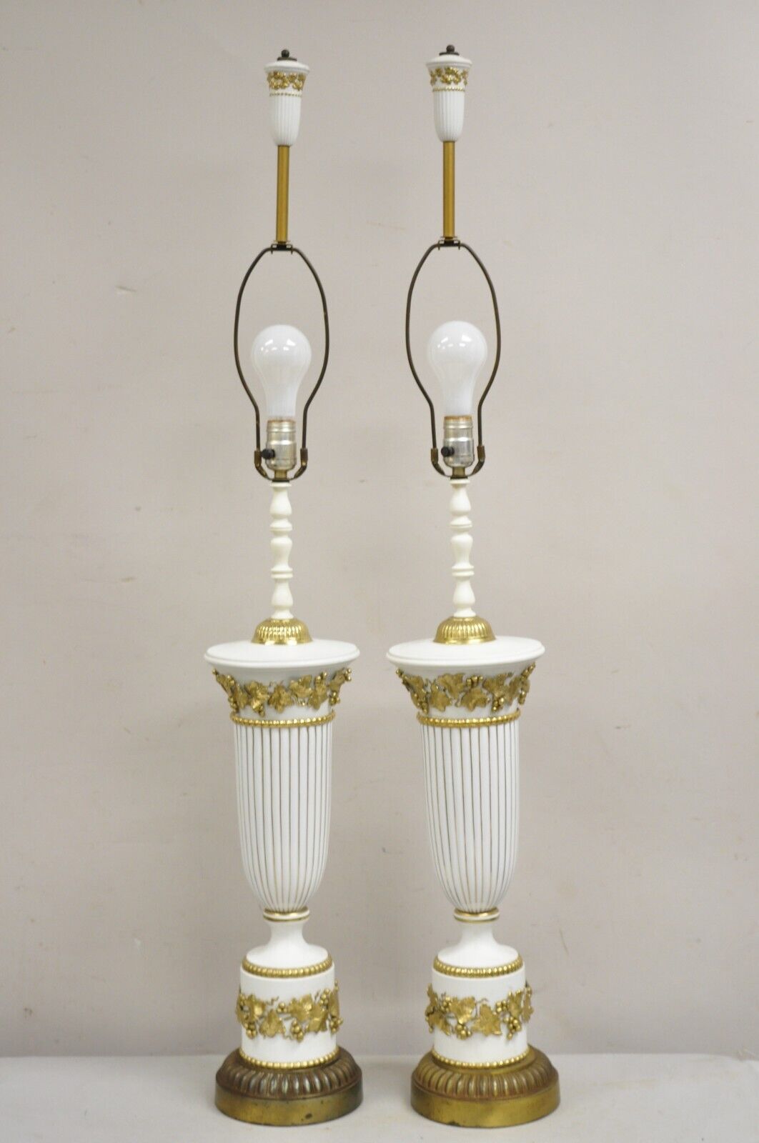 Italian Neoclassical Wedgwood White Gold Porcelain Urn Tall Table Lamp - a Pair