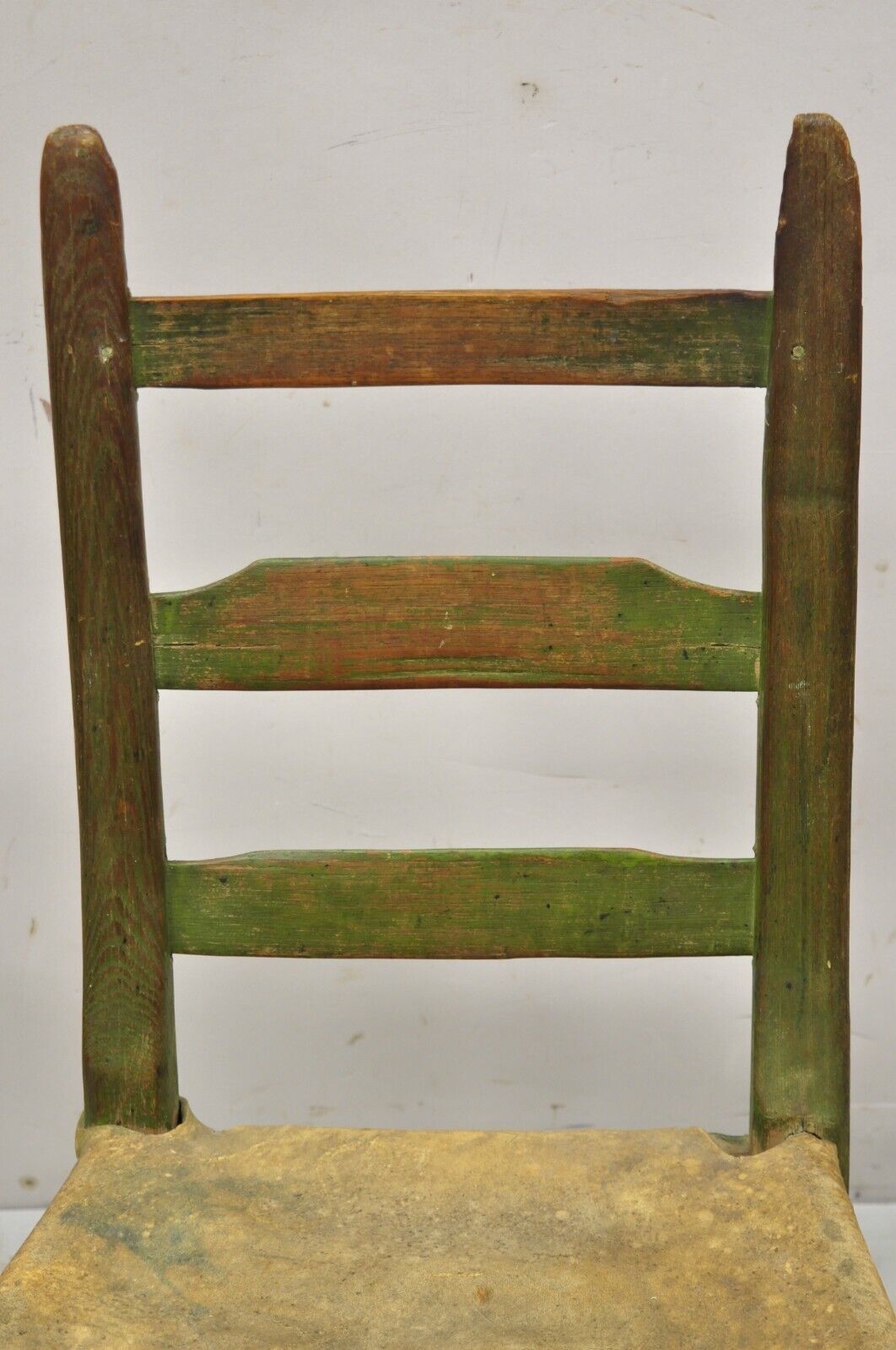 Antique Small Ladder Back Green Primitive Rustic Chair with Deer Hide Seat