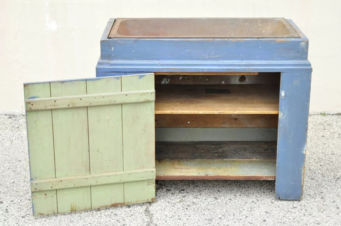 Antique Primitive Blue Distress Painted Cupboard Cabinet Vanity Cast Iron Sink