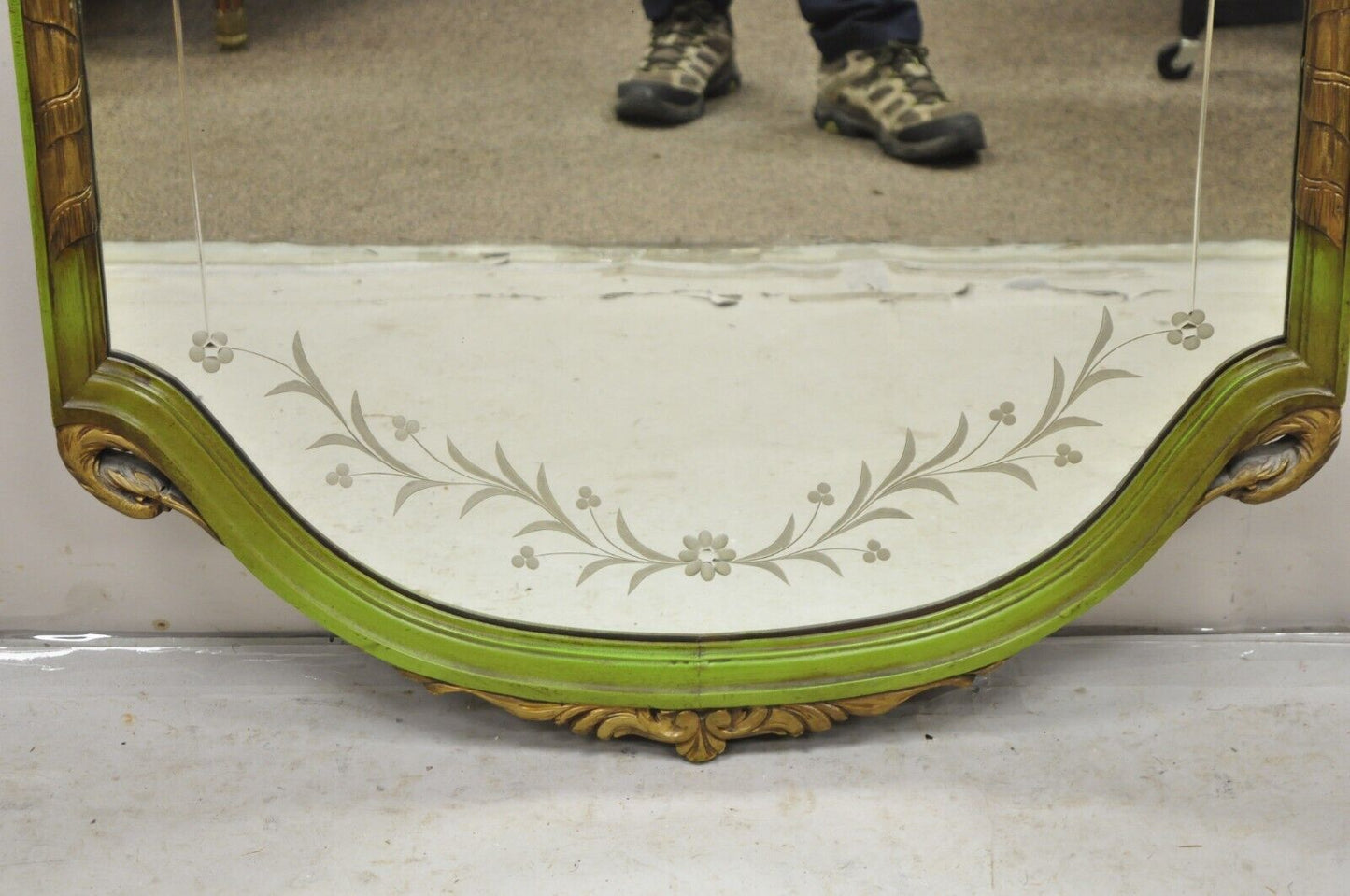 French Louis XVI Style Plume Swan Carved Green Painted Leafy Etched Wall Mirror