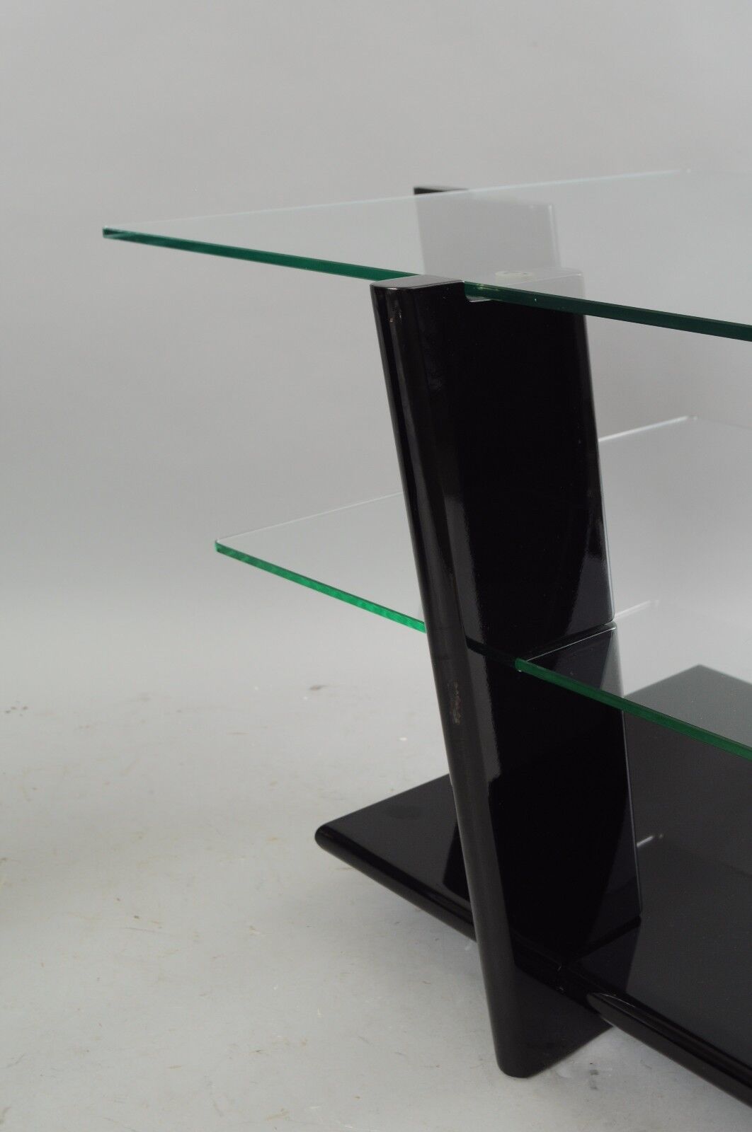Pair of Contemporary Modern Black Lacquer & Glass 3 Tier End Tables Sculptural