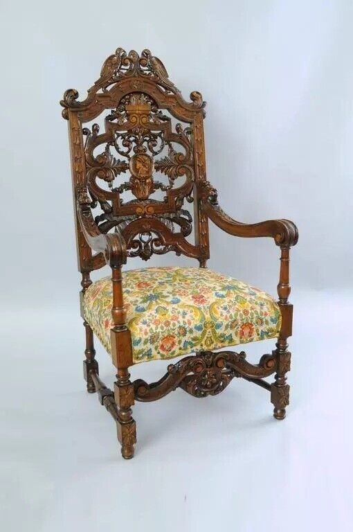 Antique Italian Renaissance Figural Bird & Lion Carved Walnut Throne Chair