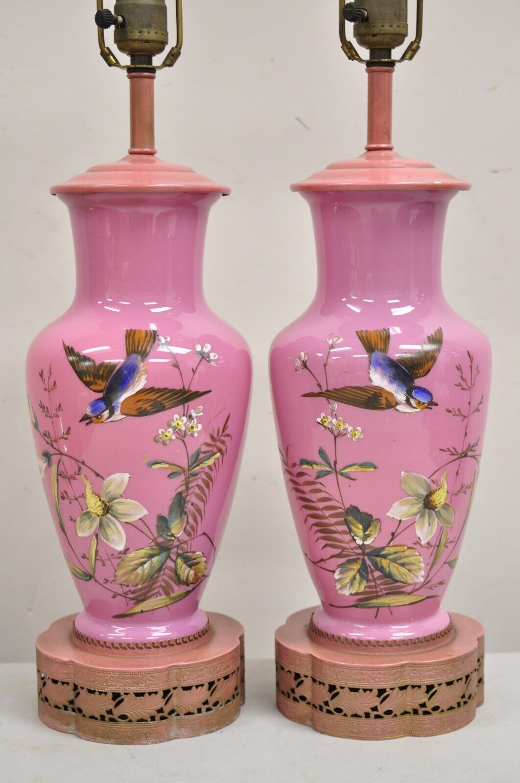 Vintage Chinoiserie Pink Porcelain Japanese Bird Painted Table Lamps - a Pair