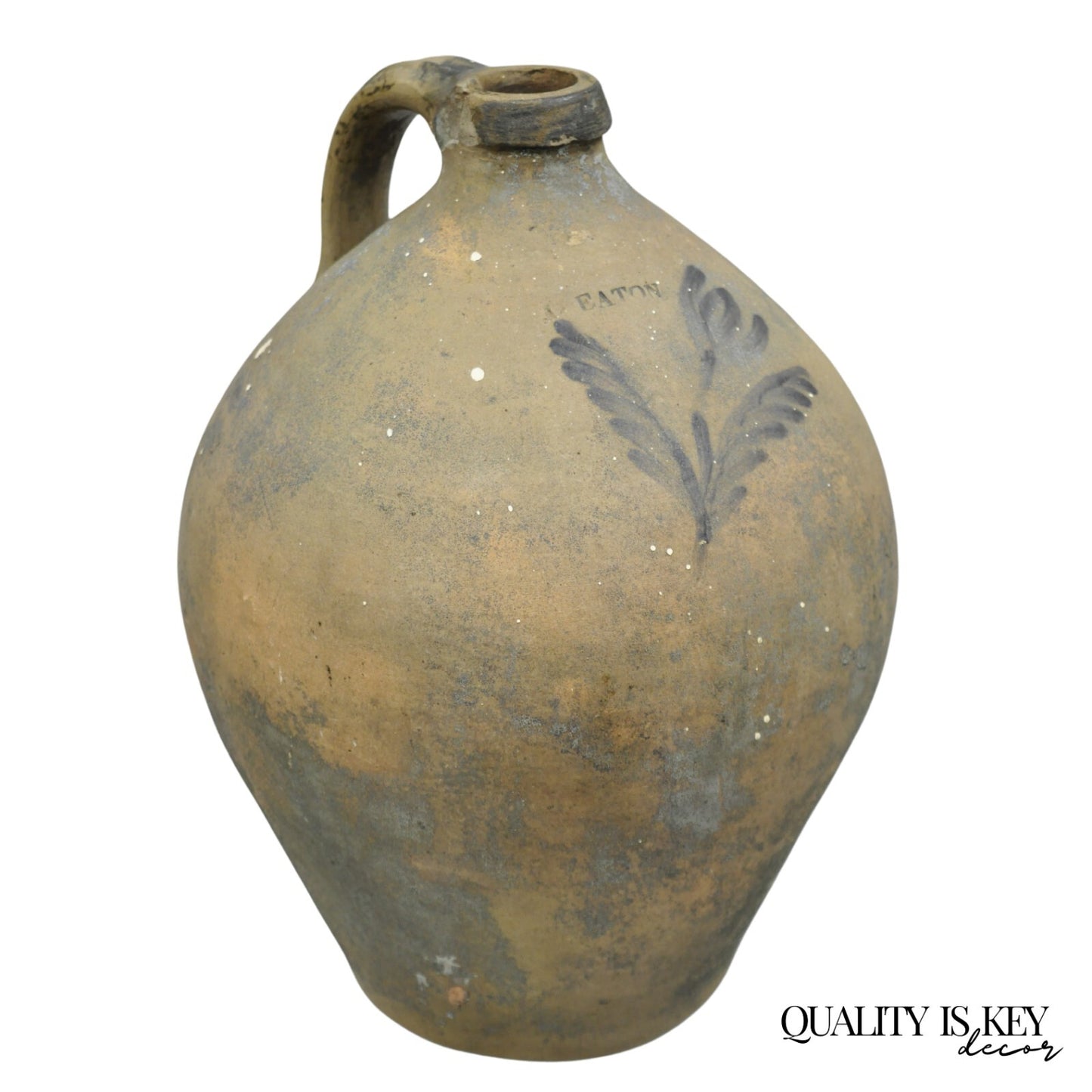 Antique American Primitive Stoneware Salt Glazed Jug Cobalt Flower By Eaton NJ