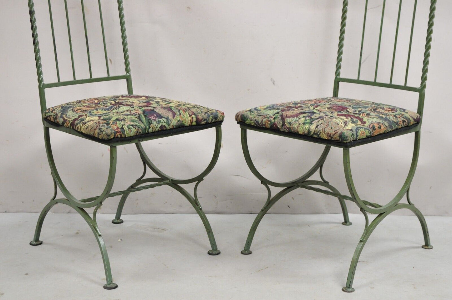 Vintage Gothic Hollywood Regency Style Green Wrought Iron Dining Chairs Set of 4