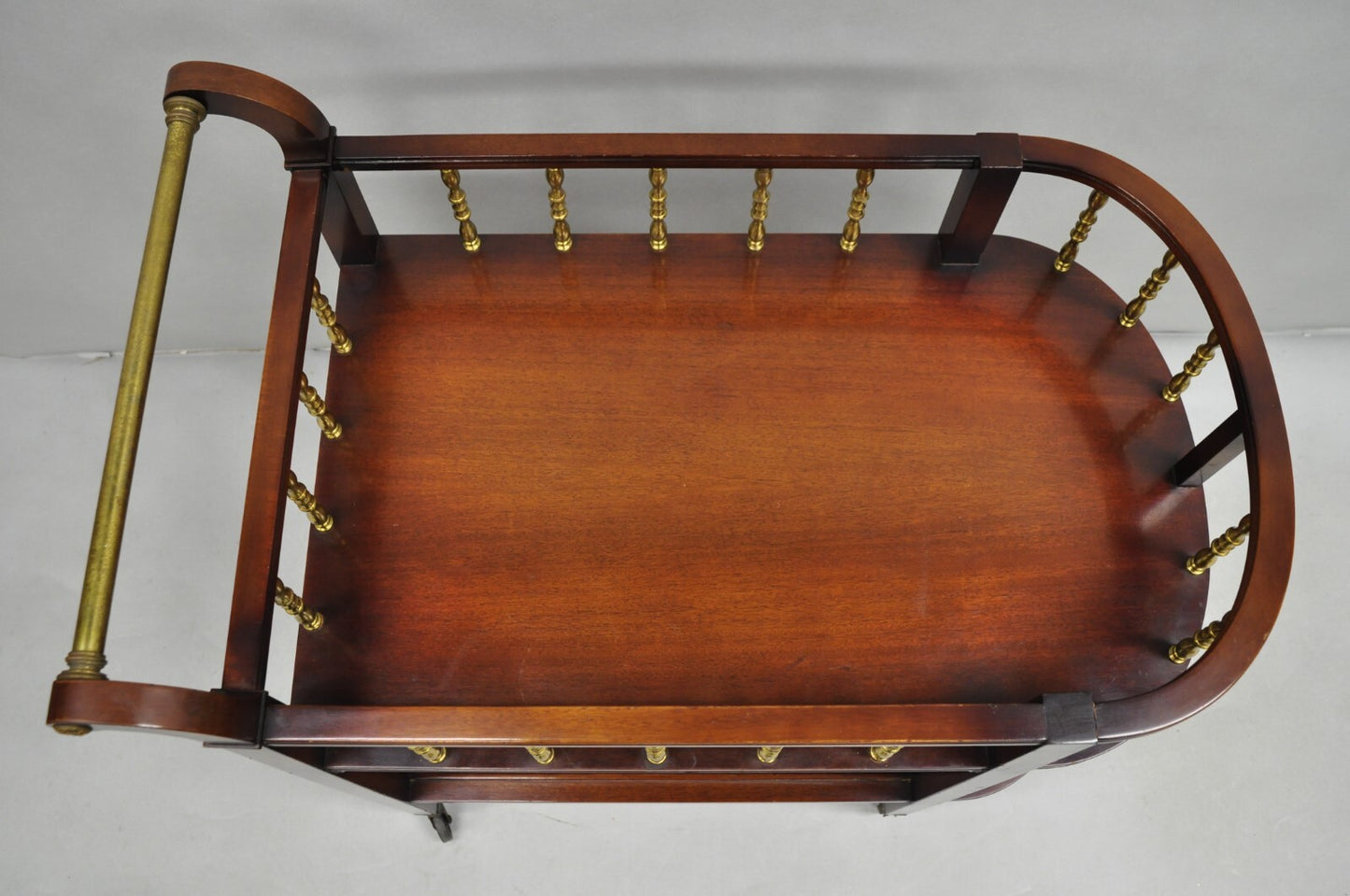 Vintage French Regency Mahogany 2 Tier Brass Gallery Rolling Bar Cart Server