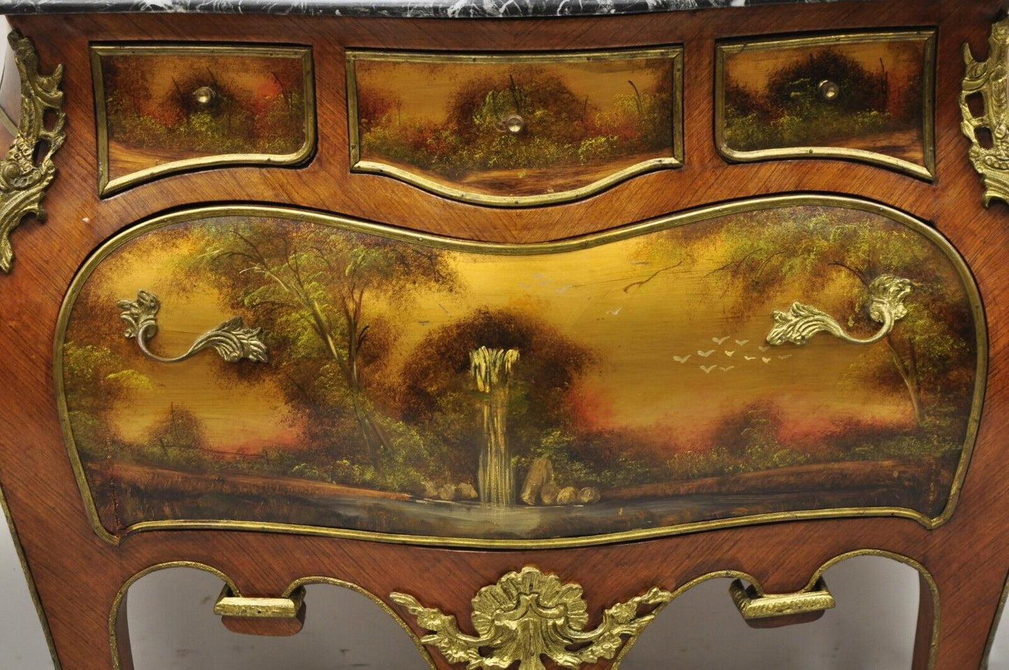 Vintage French Louis XV Style Marble Top Bombe Hand Painted Commode Chest