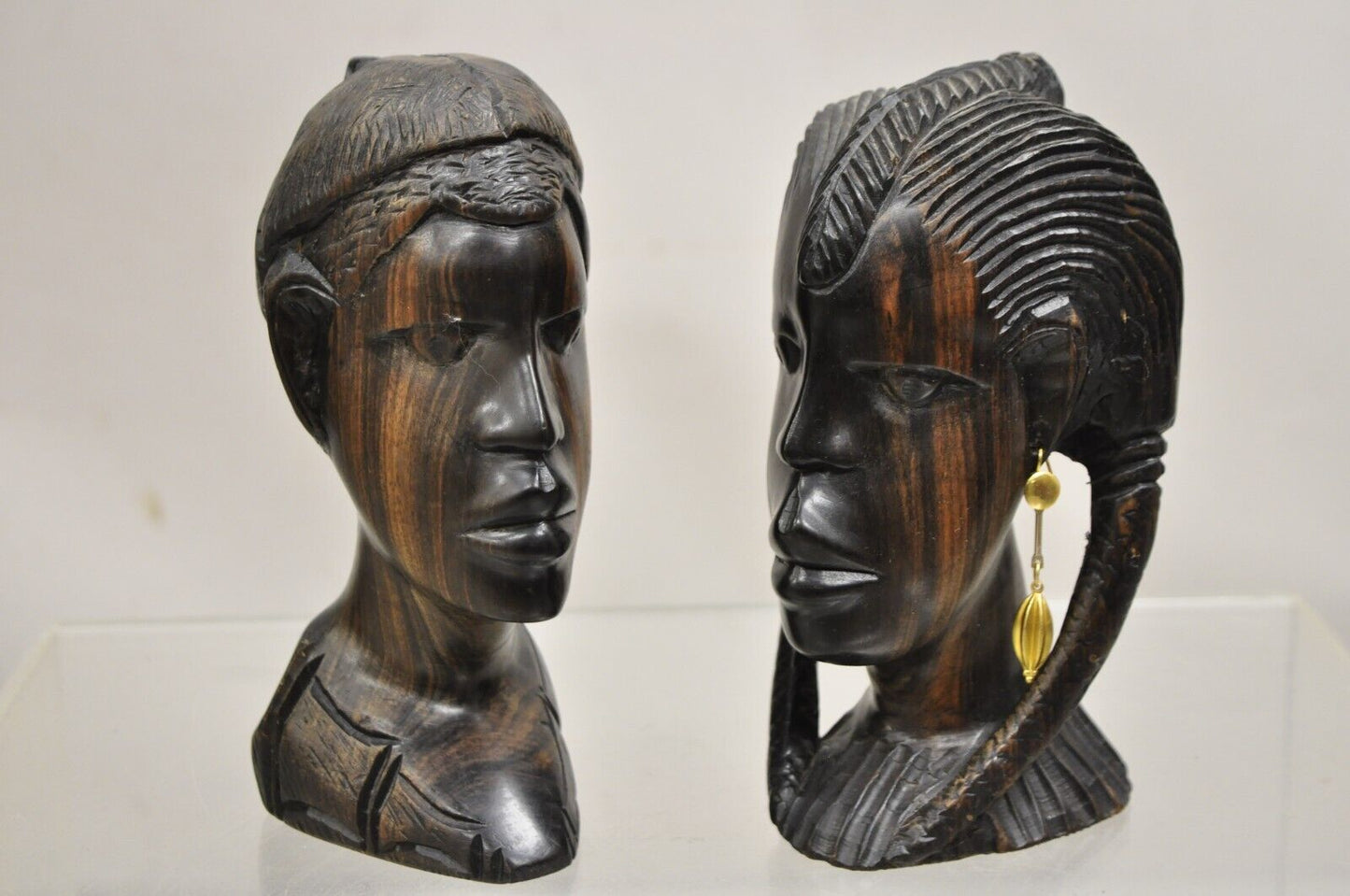 Vintage African Carved Ebony Wood 7" Male and Female Bust Statue Sculpture