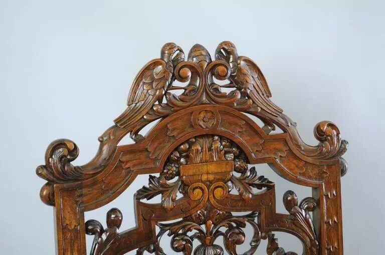 Antique Italian Renaissance Figural Bird & Lion Carved Walnut Throne Chair