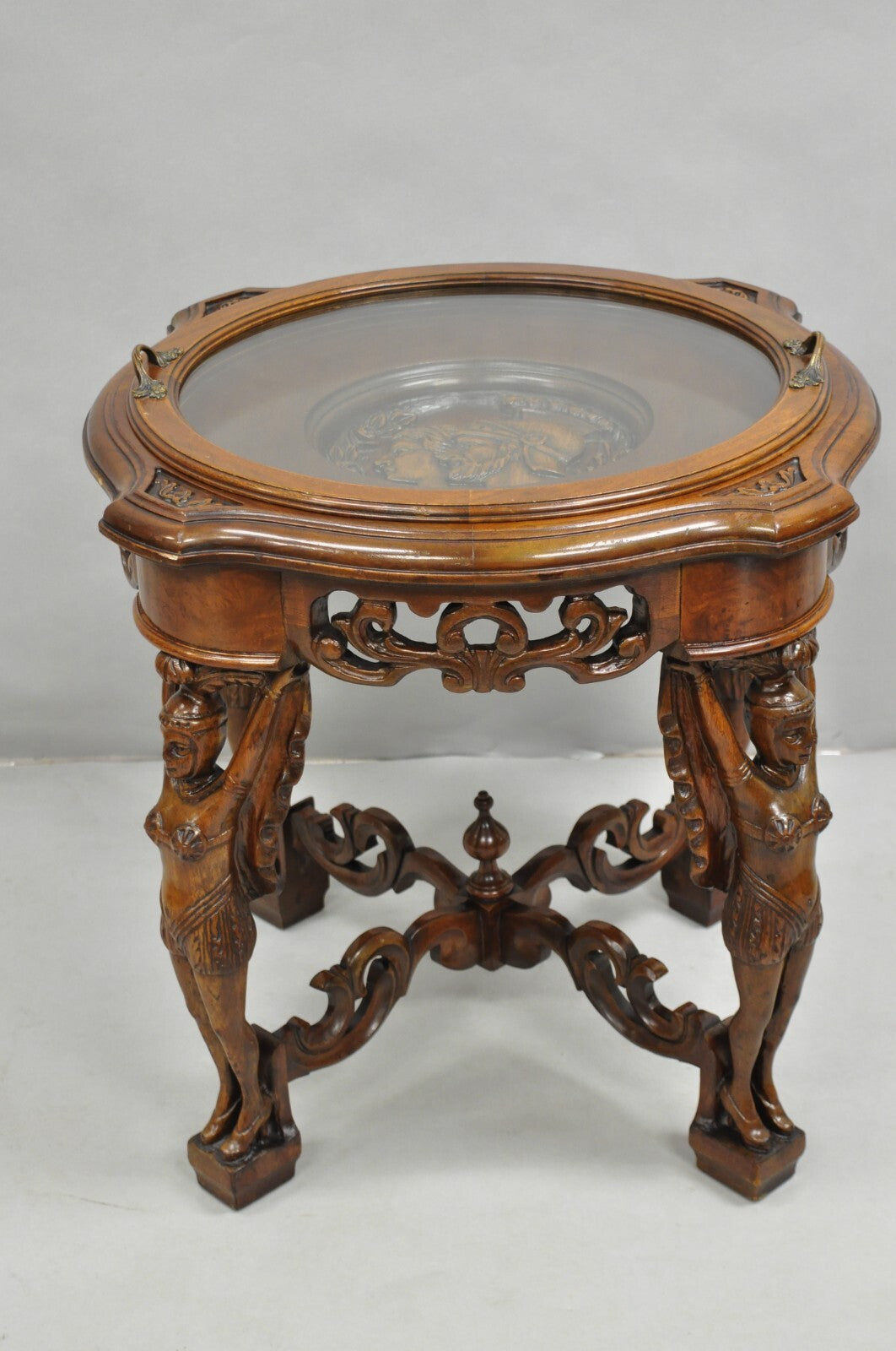 Antique French Renaissance Carved Female Dancer Walnut Display Tray Coffee Table