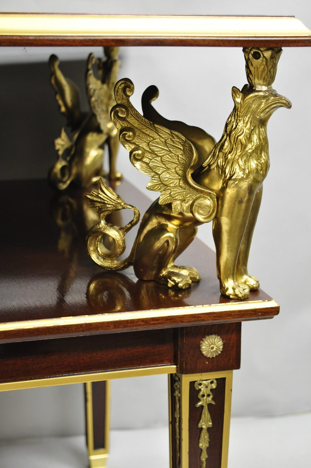French Empire Revival Green Leather Top Bronze Griffin Mahogany Desk & Chair