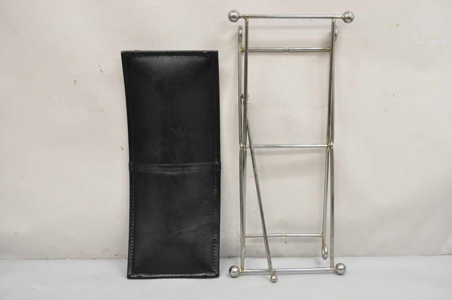Modern Regency Style Folding Iron Metal Bench w/ Black Saddle Leather Seat