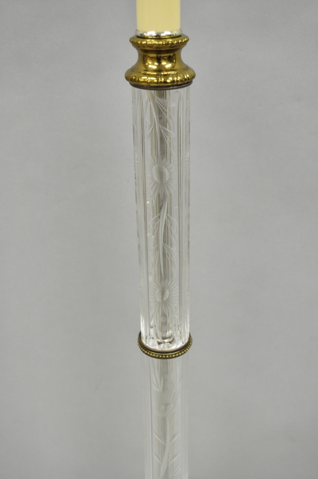 Vintage Neoclassical Style Floral Etched Glass Column Brass Reading Floor Lamp