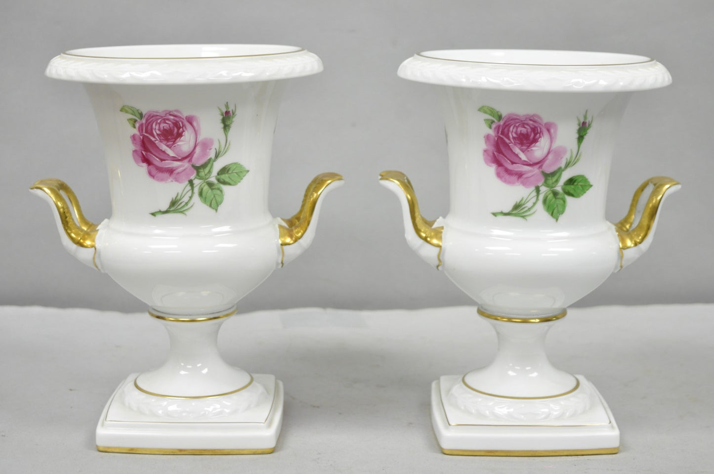 Alka Alboth & Kaiser Painted French Porcelain Pink Rose Trophy Cup Urn Vase Pair