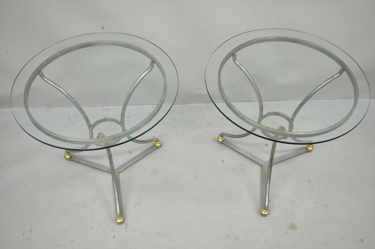 Italian Neoclassical Maison Jansen Style Steel & Brass Round End Tables - a Pair