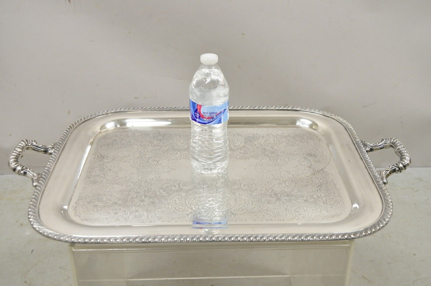 Vtg Burche Victorian Style Silver Plated Twin Handle Heavy Serving Platter Tray