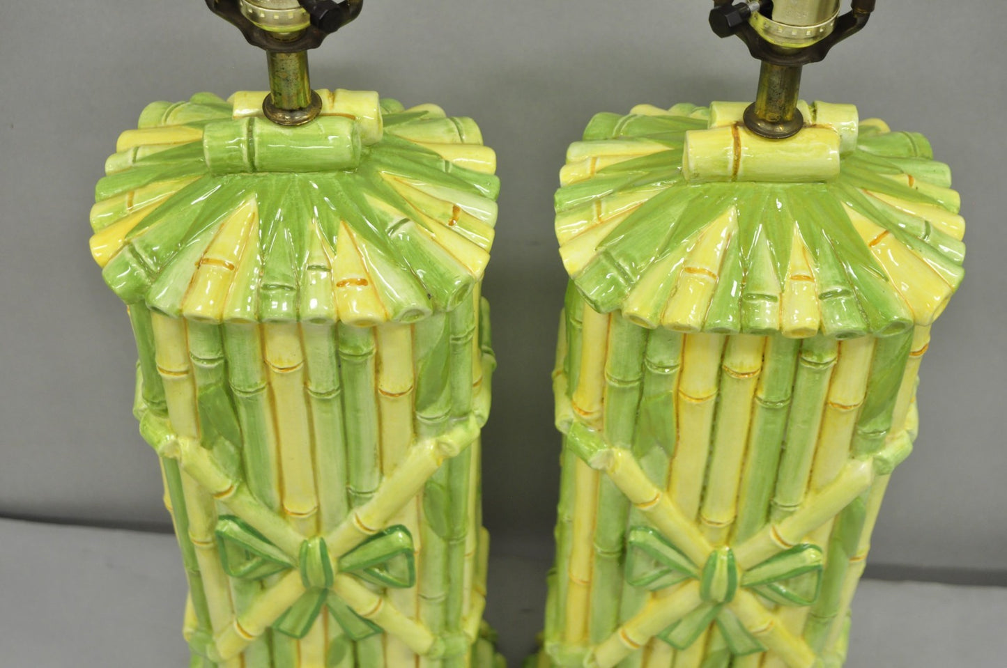Vintage Hollywood Regency Green & Yellow Ceramic Faux Bamboo Table Lamps - Pair