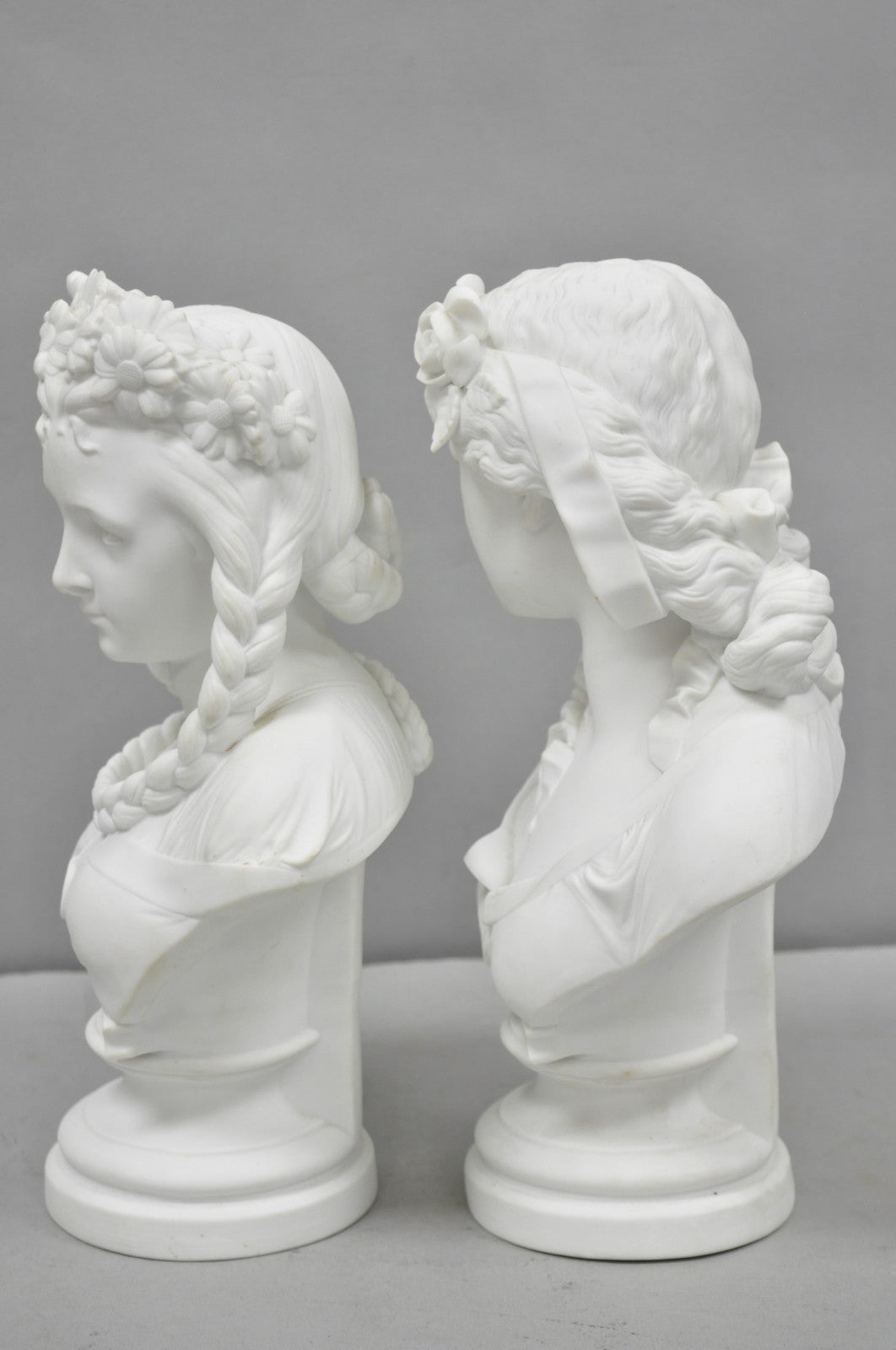 Antique French Classical Parian Porcelain 13" Goddess Female Maiden Bust - Pair