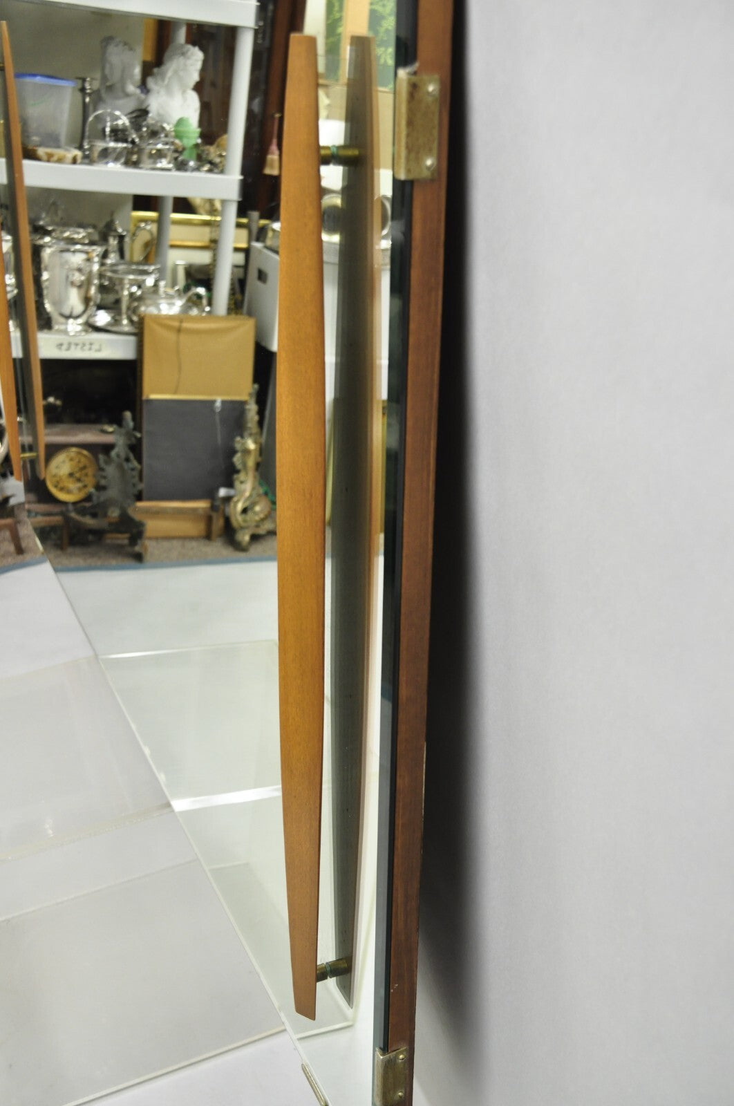 Vintage Mid Century Modern Large Wall Mirror with Raised Sculpted Walnut Accents