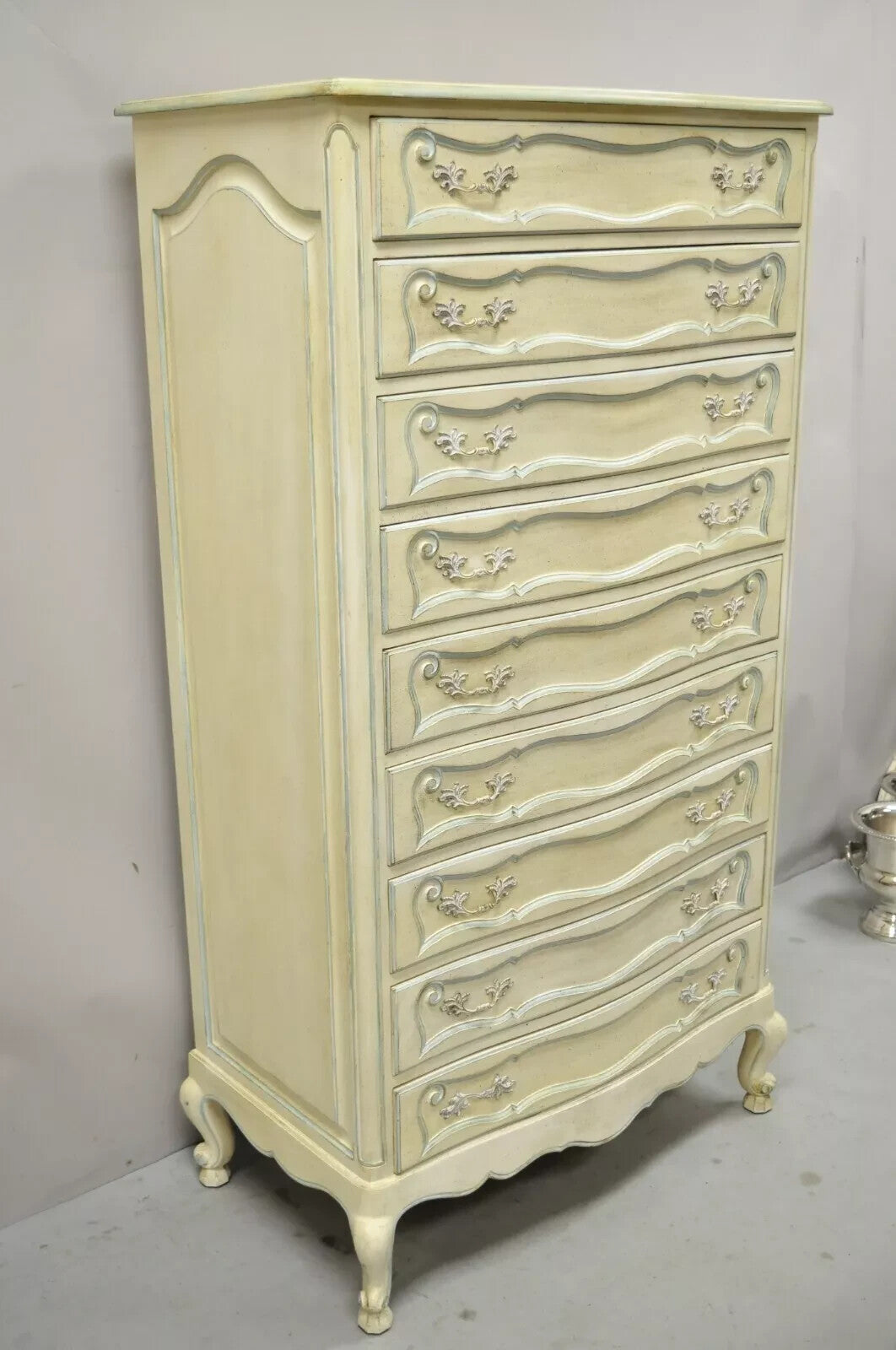 Vintage French Provincial Cream & Blue 9 Drawer Narrow 65" Tall Chest Dresser