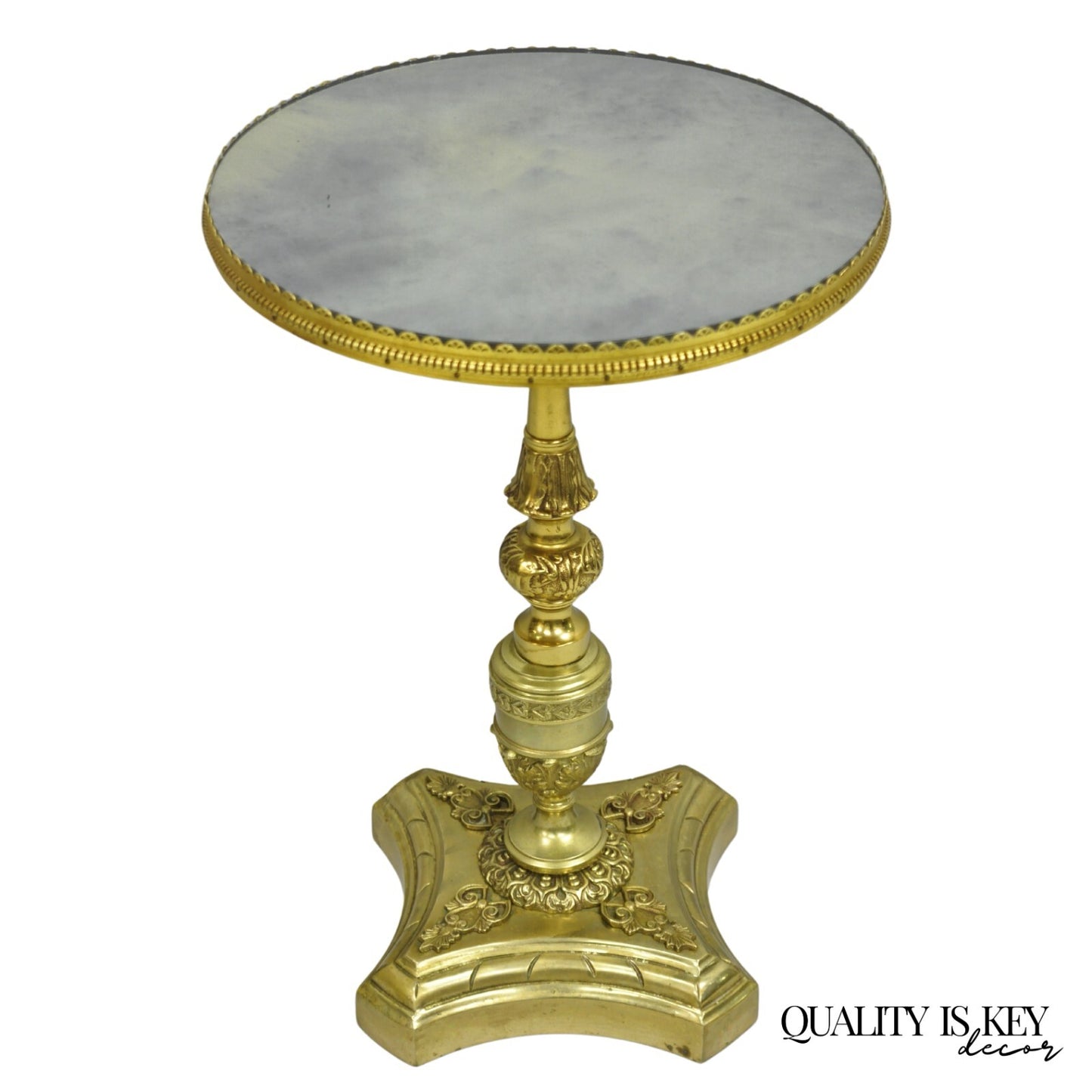 Antique French Victorian Solid Brass Round Glass Top Small Pedestal Side Table