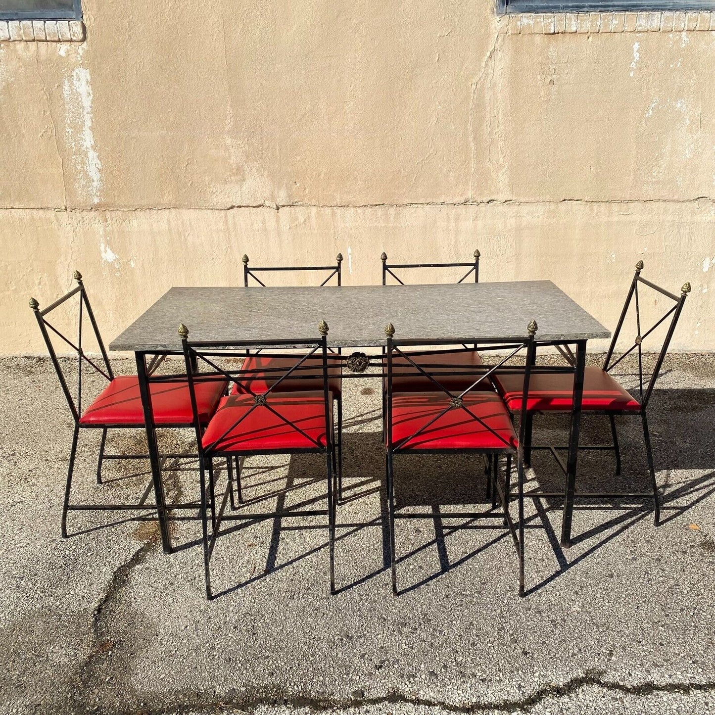 Vintage Italian Directoire X-Back Wrought Iron Acorn Finial Dining Set - 7 Pcs