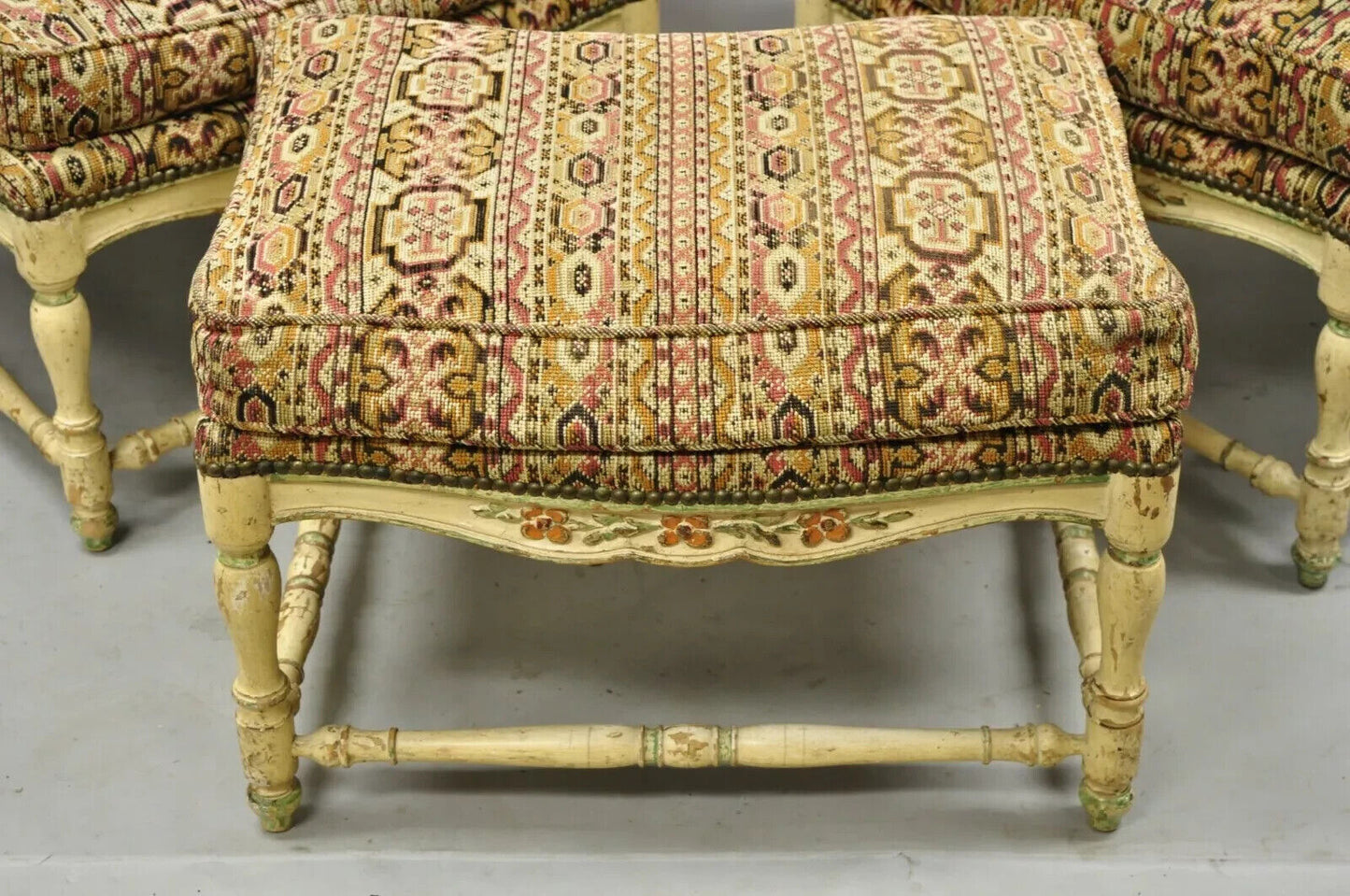 Vintage French Country Cream Distress Painted Lounge Arm Chairs & Ottoman a Pair