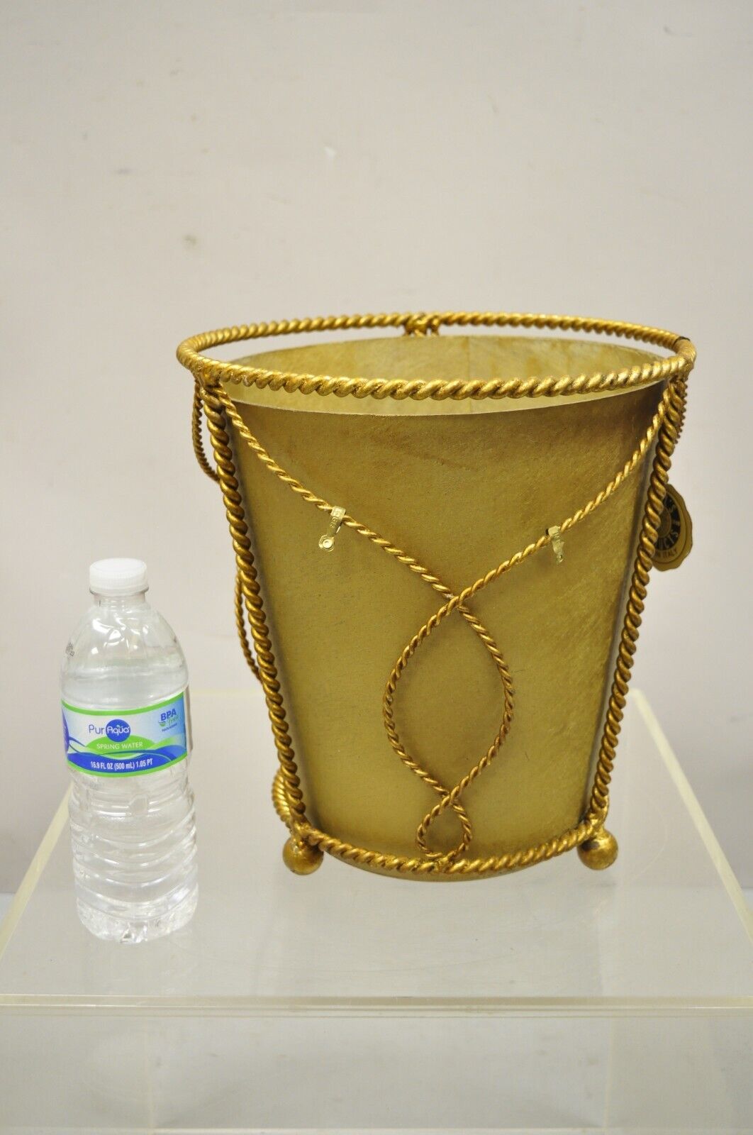 NOS Italian Gold Gilt Iron Hollywood Regency Wastebasket Trashcan with Liner