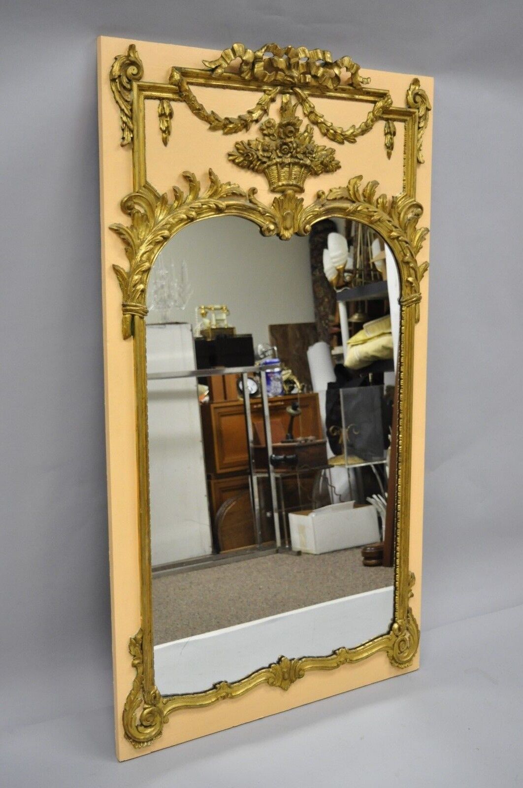 Antique French Louis XV Style Large Peach & Gold Giltwood Trumeau Wall Mirror