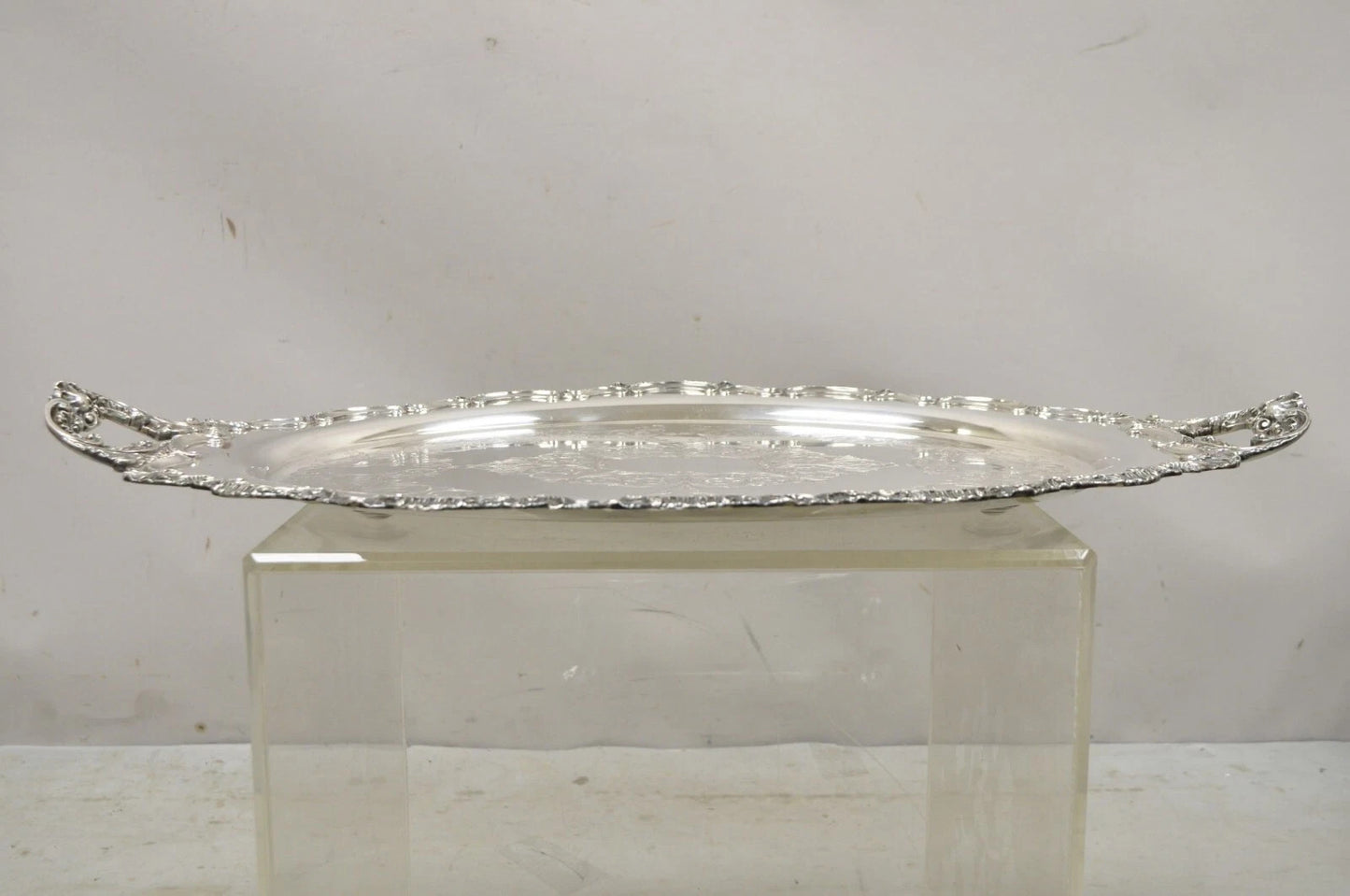 Antique English Victorian Silver Plated Large Oval Serving Platter Bar Tray