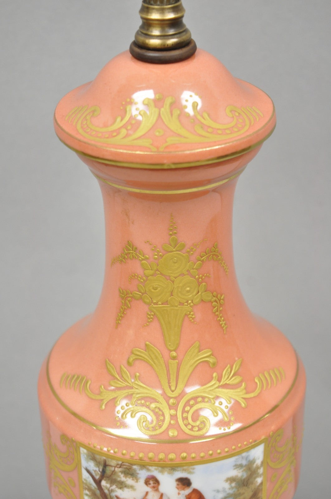 Antique French Victorian Salmon Coral Pink Porcelain Hand Painted Urn Table Lamp
