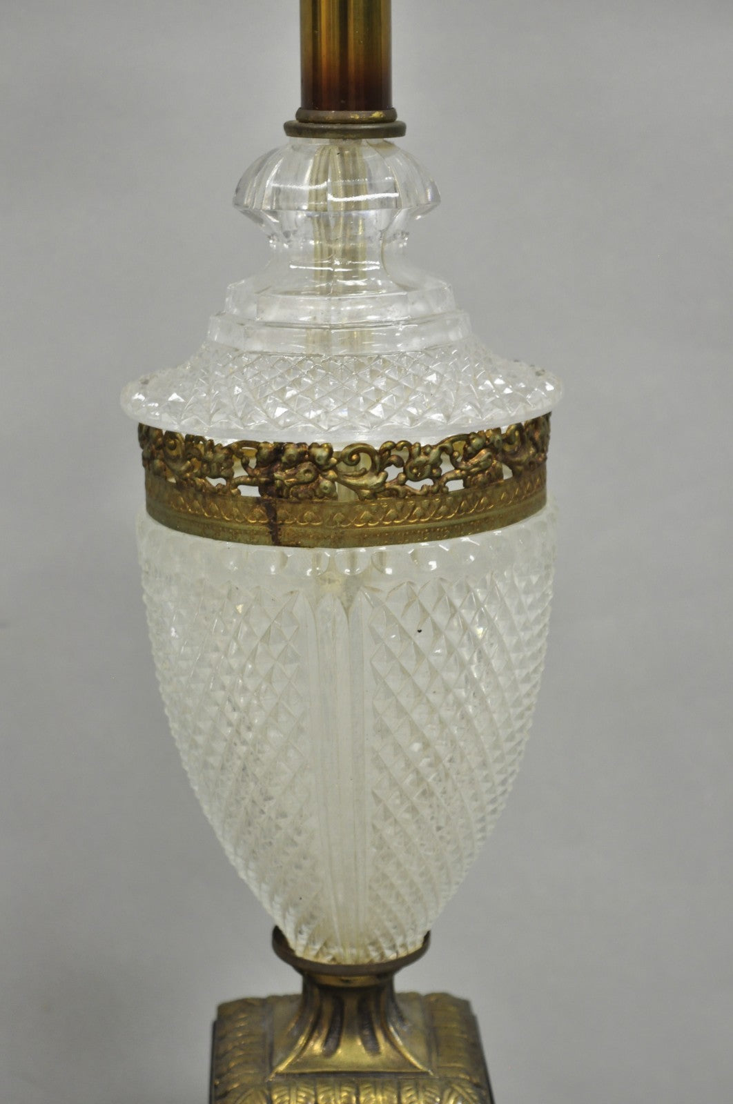 Vintage French Empire Hollywood Regency Cut Glass Crystal Urn Table Lamps - Pair