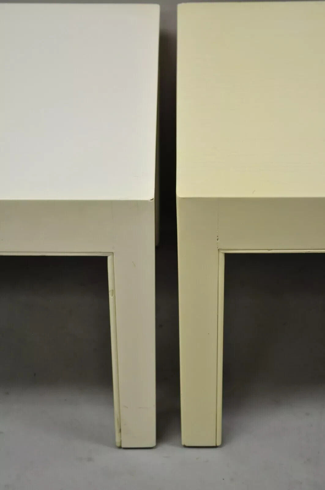 Vintage Modern Solid Wood Cream Lacquered Parsons Low Pedestal Side Table - Pair