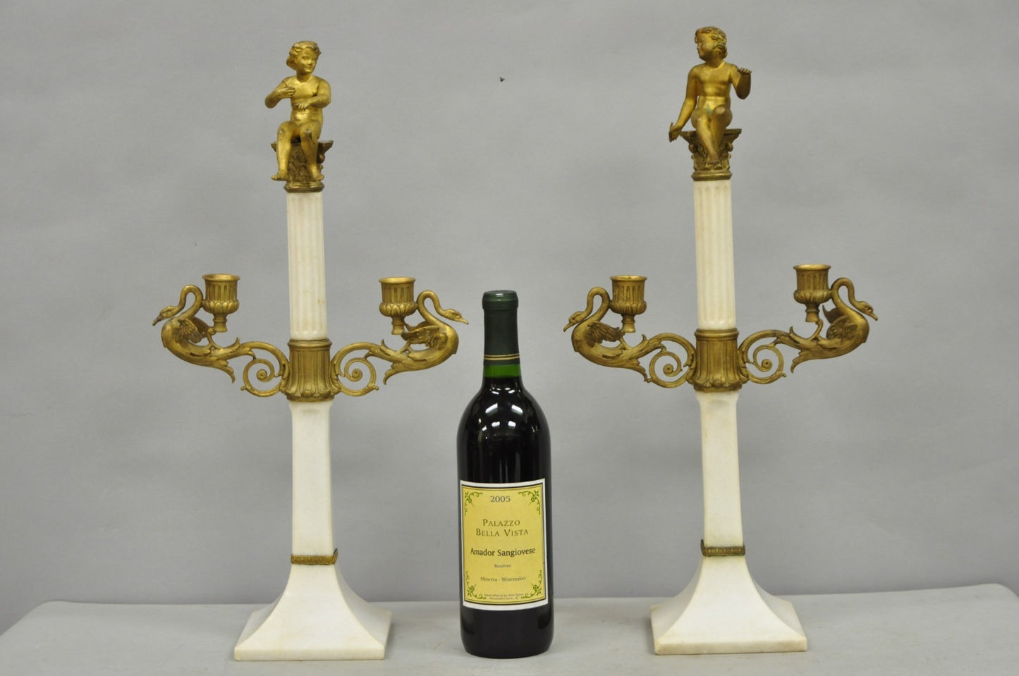 Antique French Neoclassical Bronze Swans Cherub Marble Column Candelabras - Pair