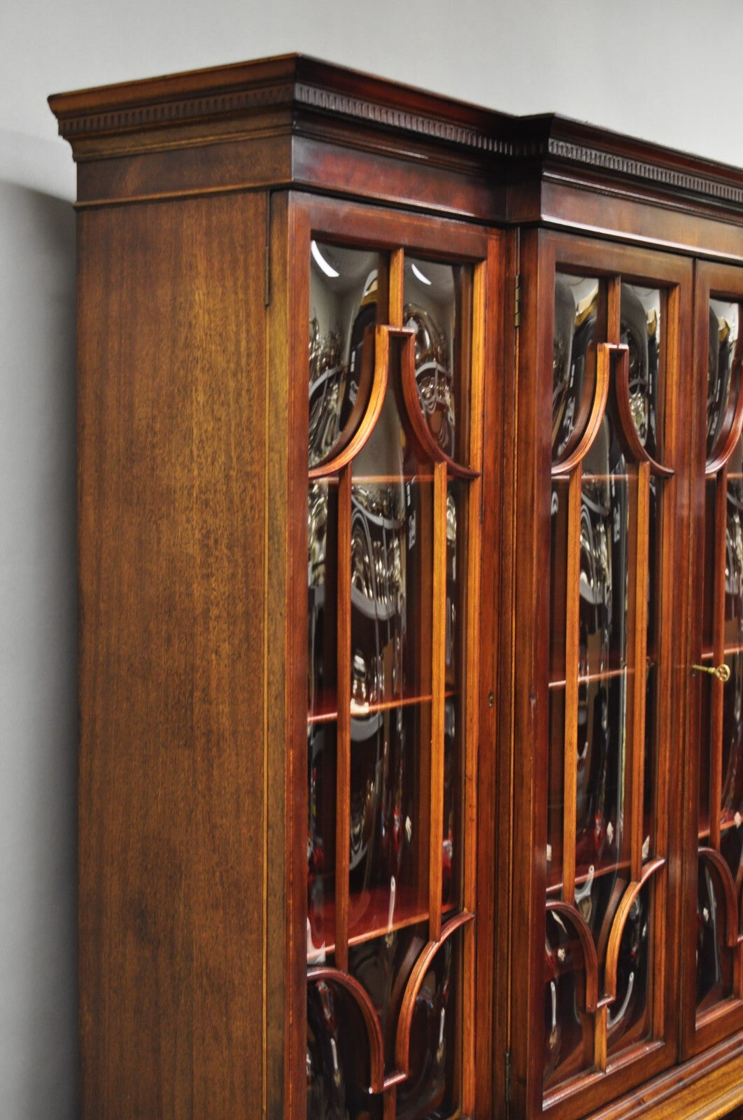 Antique Georgian Mahogany Bubble Glass Breakfront Cabinet Bookcase by Vanleigh