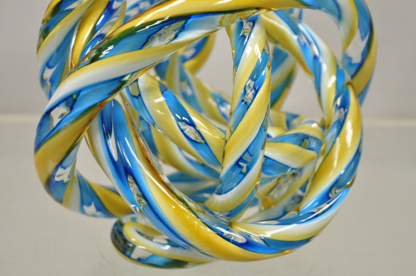 Murano Art Glass Swirl 8" Infinity Knot of Love Blue and Yellow