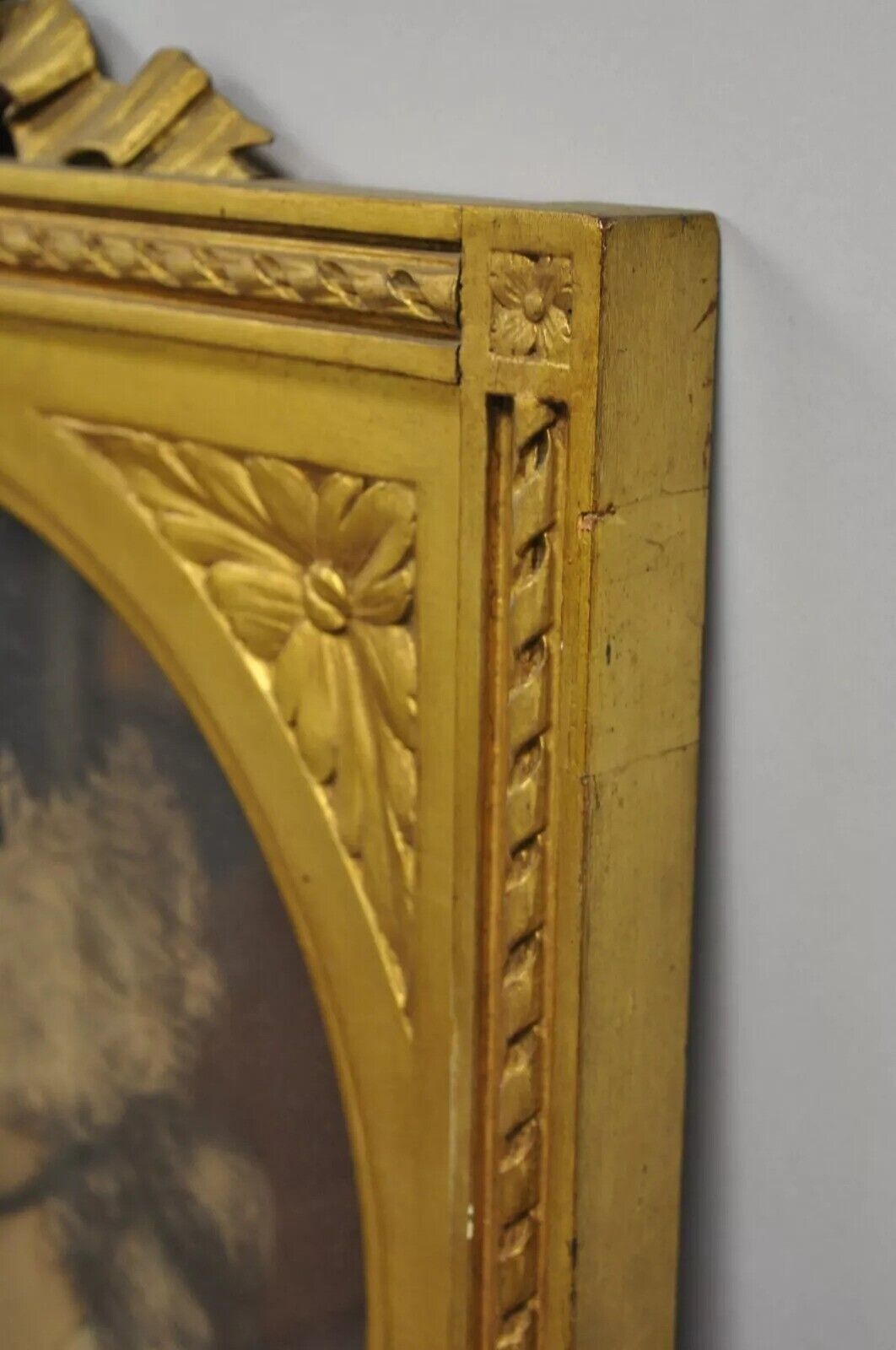 Antique French Louis XV Style Gold Gilt Wood Trumeau Mirror with Portrait Print