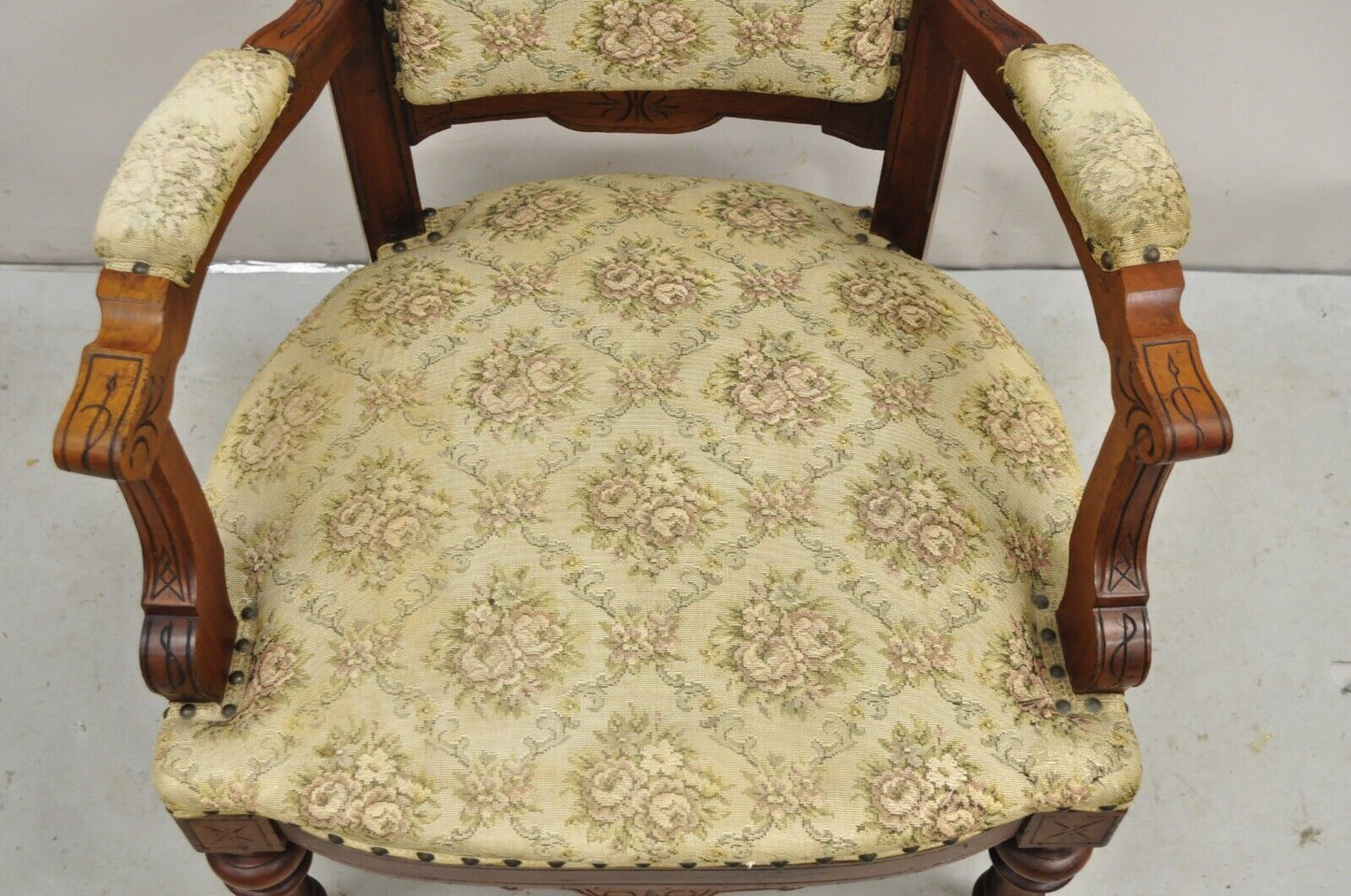 Antique Victorian Carved Walnut Tapestry Upholstered Parlor Lounge Arm Chair