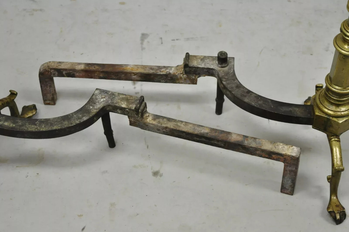 Antique Federal Faceted Brass Cannonball Branch Foot Cast Iron Andirons - a Pair