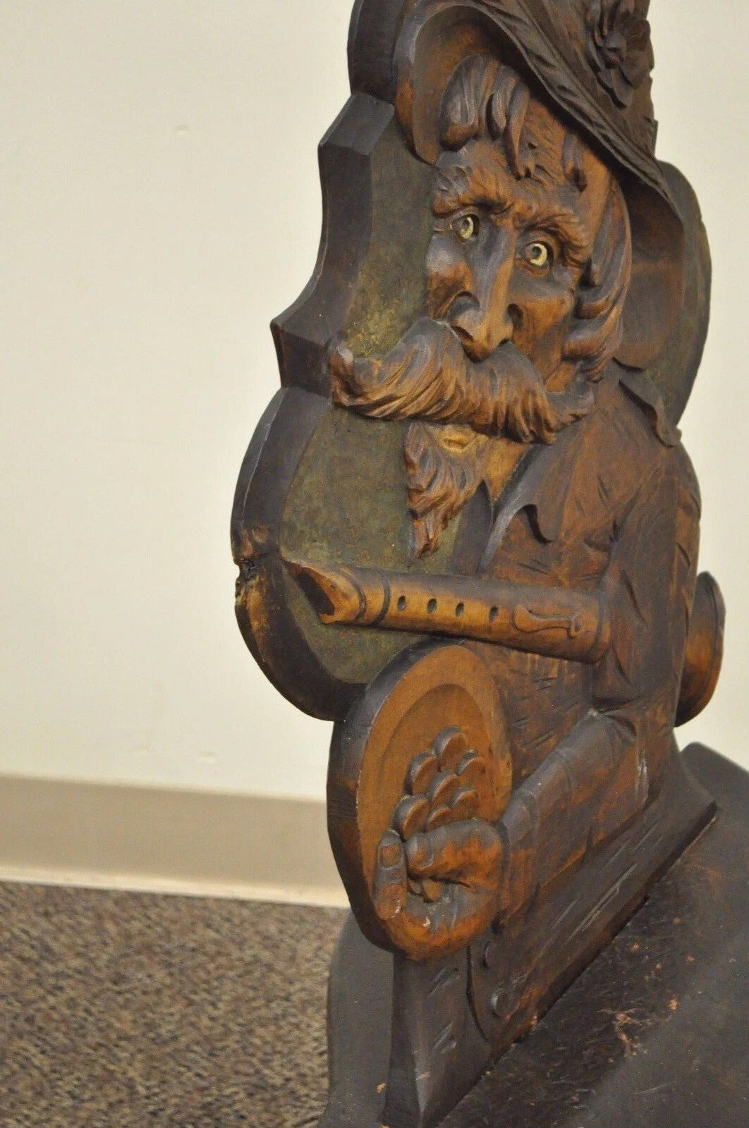 Antique Medieval Gothic Hand Carved Wood Figural Musician Bard Tavern Side Chair