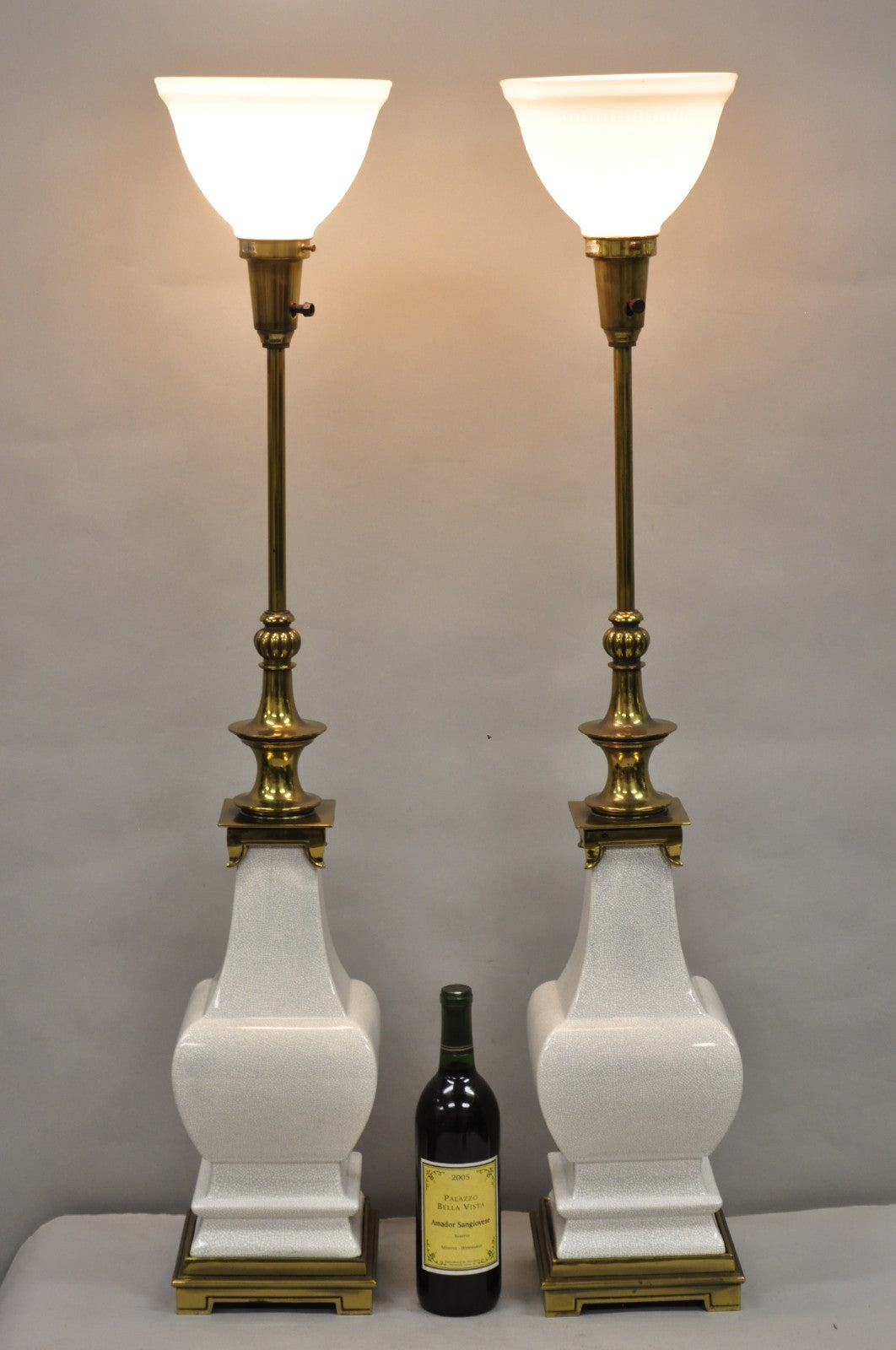 Stiffel Hollywood Regency Tall Crackle Glazed Ceramic & Brass Table Lamps a Pair