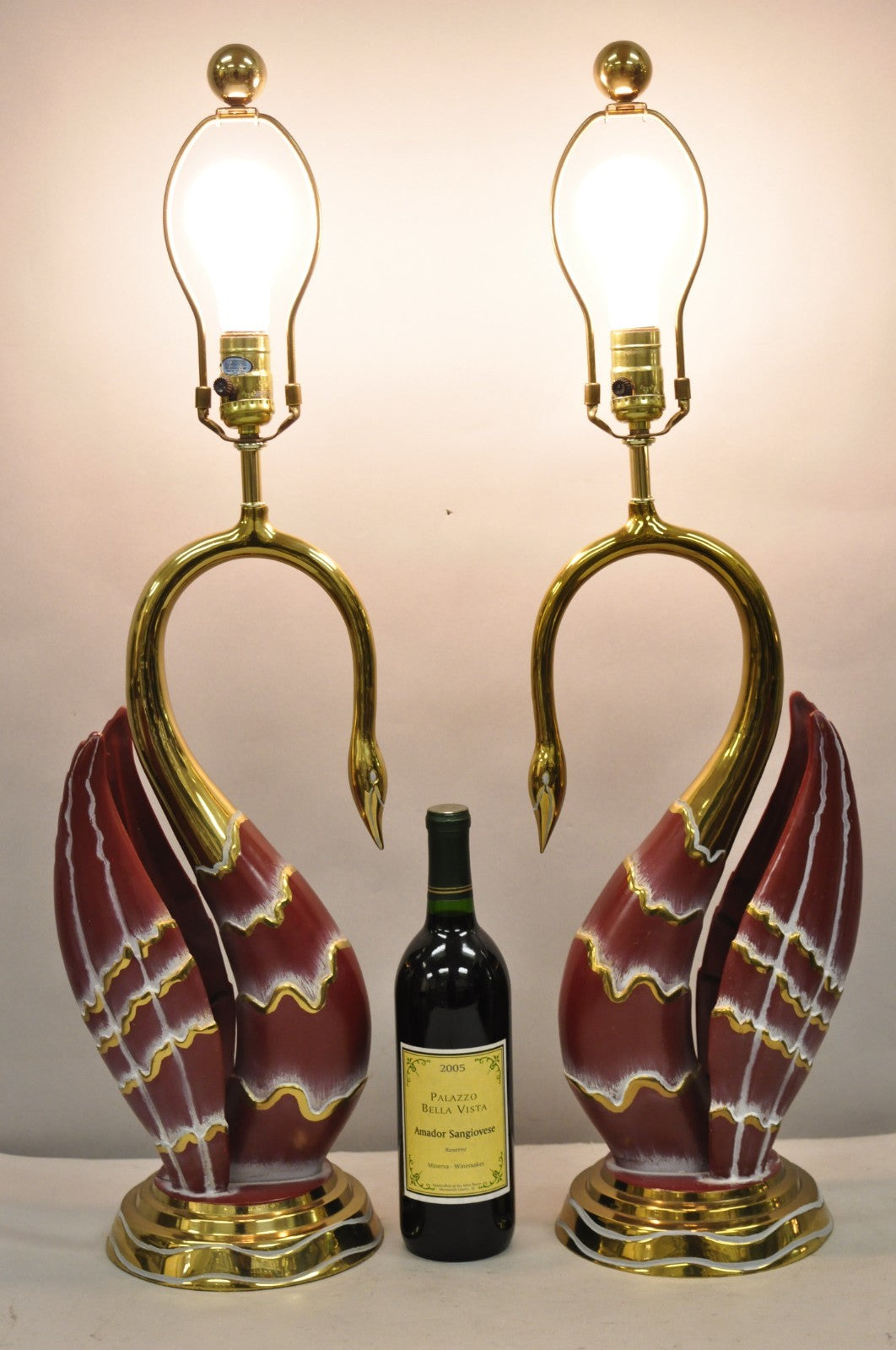 Vintage Art Nouveau Modern Brass Figural Swan Gold Red Table Lamps w Shades Pair
