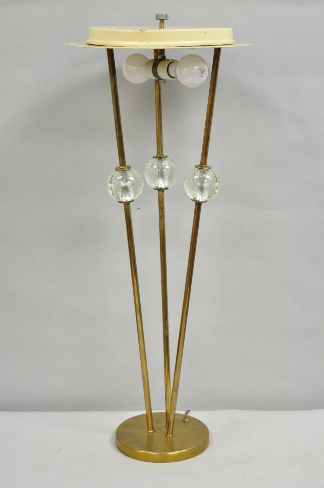 Vintage Mid Century Italian Modern Brass and Glass Sphere Tripod Tall Table Lamp