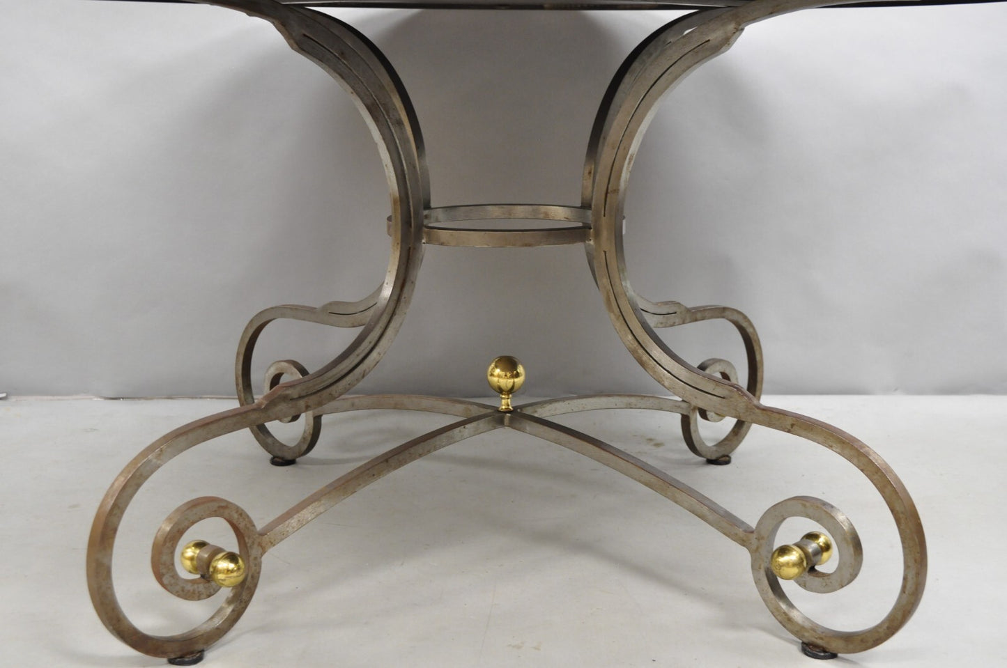 Vintage French Pastry Scrolling Steel and Bronze Neoclassical Round Dining Table