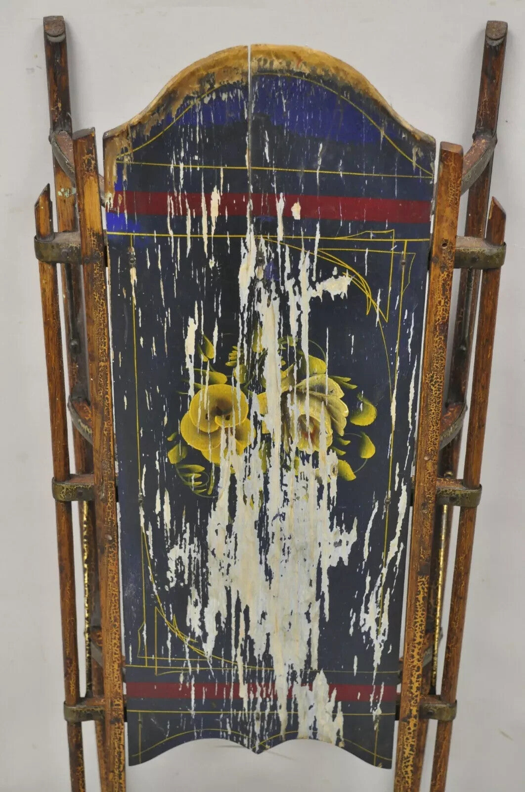Antique Bentwood Blue Painted Small Child Snow Sled Wall Display Art