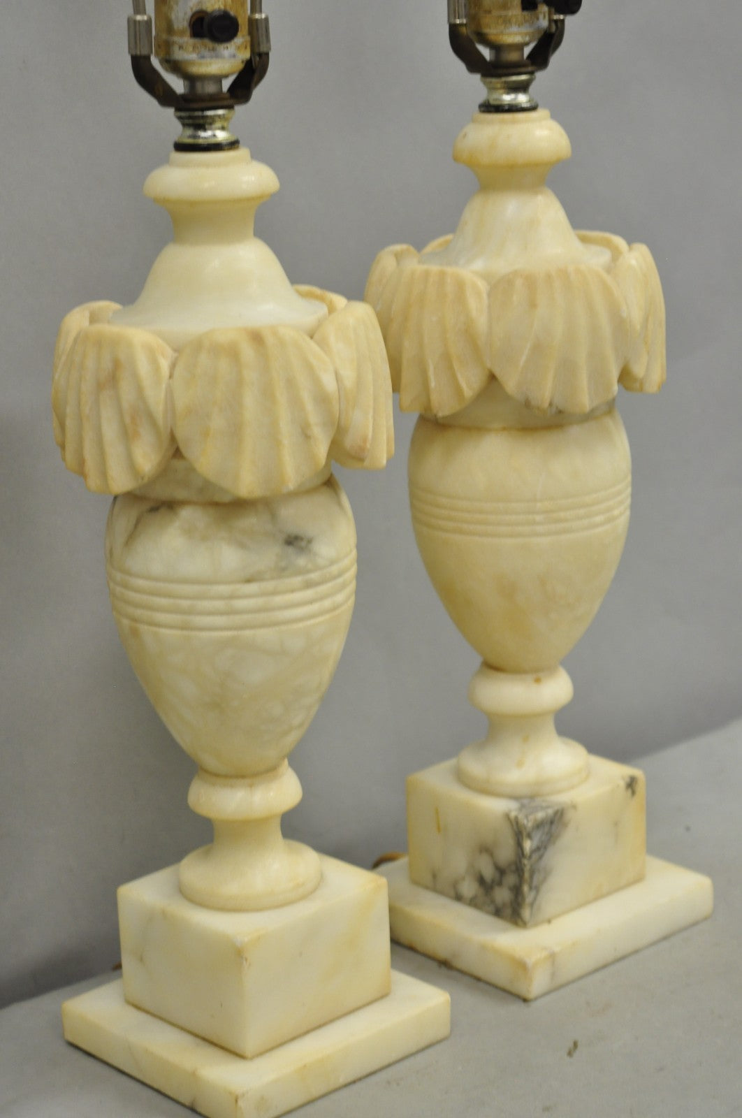 Antique Italian Neoclassical Style Carved Marble Shell Urn Table Lamps - a Pair