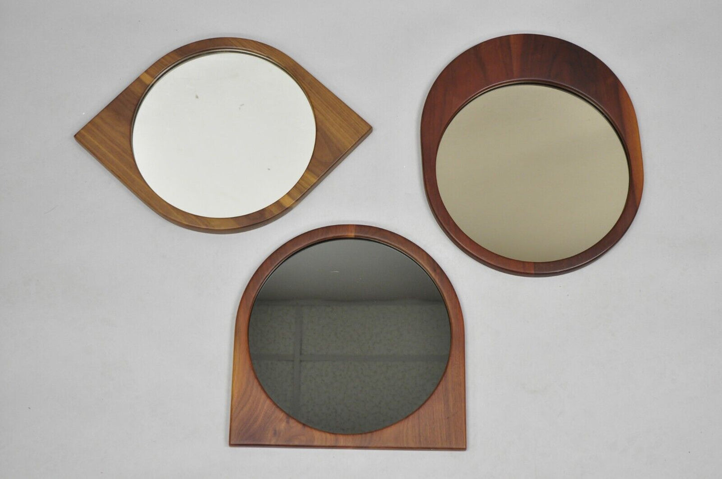 Mid Century Danish Modern Sculpted Teak Wood Mirrors - 3 pc Set