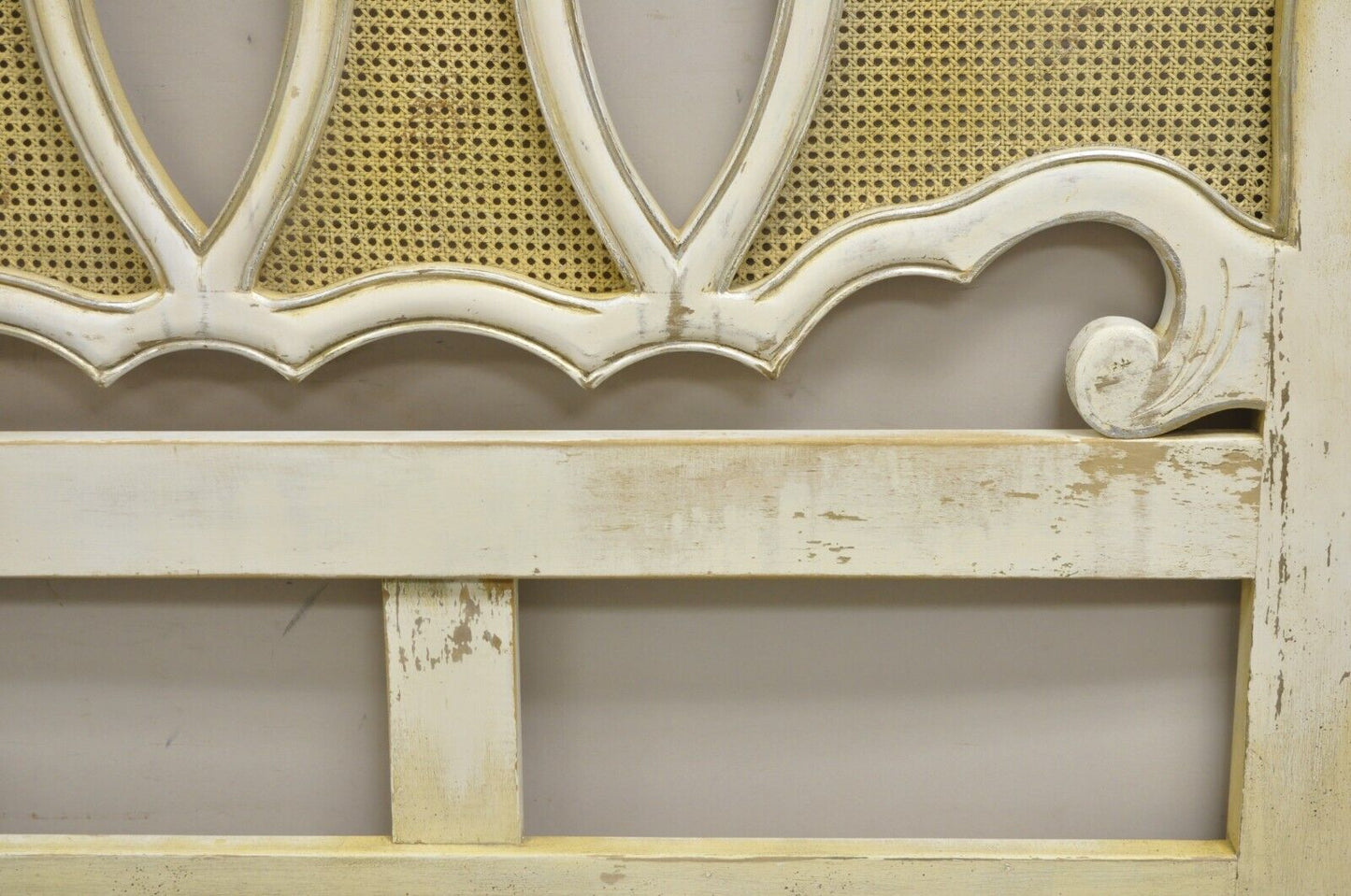 Vintage French Provincial Hollywood Regency Cream Painted Cane King Headboard